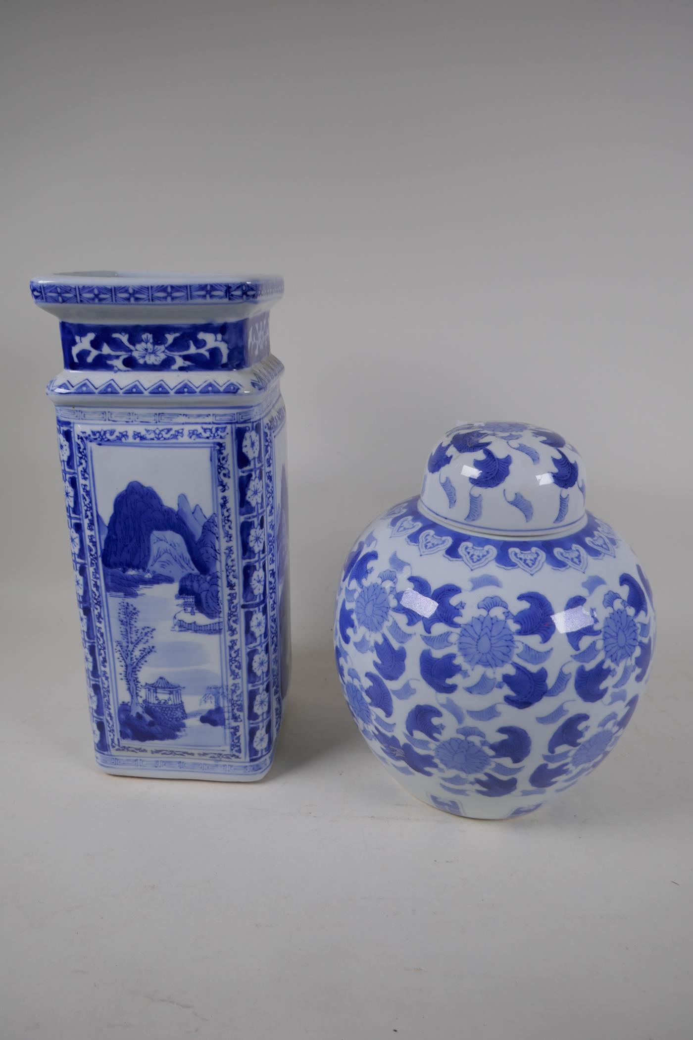 A Chinese blue and white porcelain bulbous ginger jar and a square section vase, 13½" high