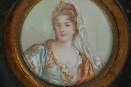 Miniature portrait of a young lady in elaborate robes, ebonised frame, C19th