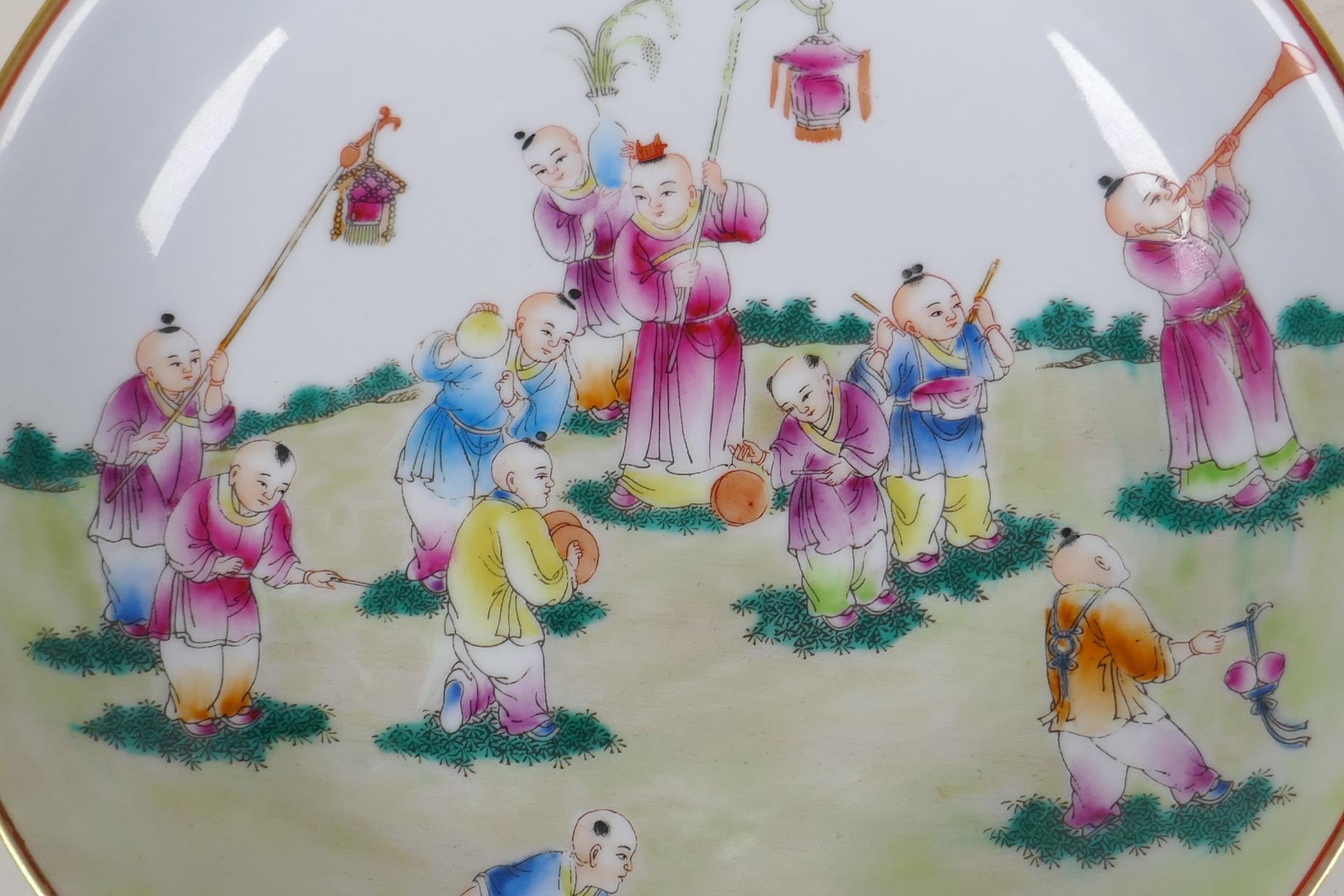 A famille rose porcelain cabinet dish decorated with children playing Chinese Yongzheng seal mark to - Image 2 of 4
