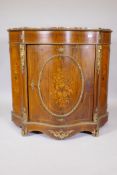 A French marquetry inlaid serpentine front rosewood cabinet with ormolu mounts and marble tops,