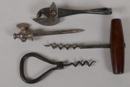 Two antique cork screws, a 'Bully Beef' tin opener and a Champagne tap