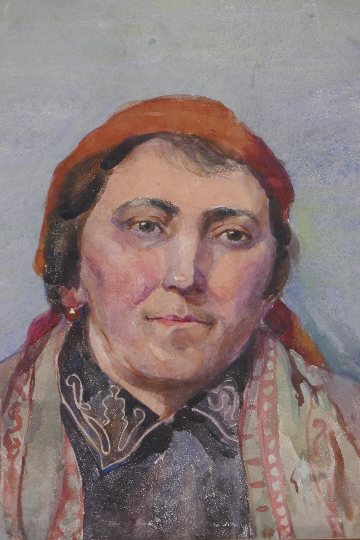 Four mid century watercolour portraits of east European men and women, largest 11½" x 18" - Image 2 of 6