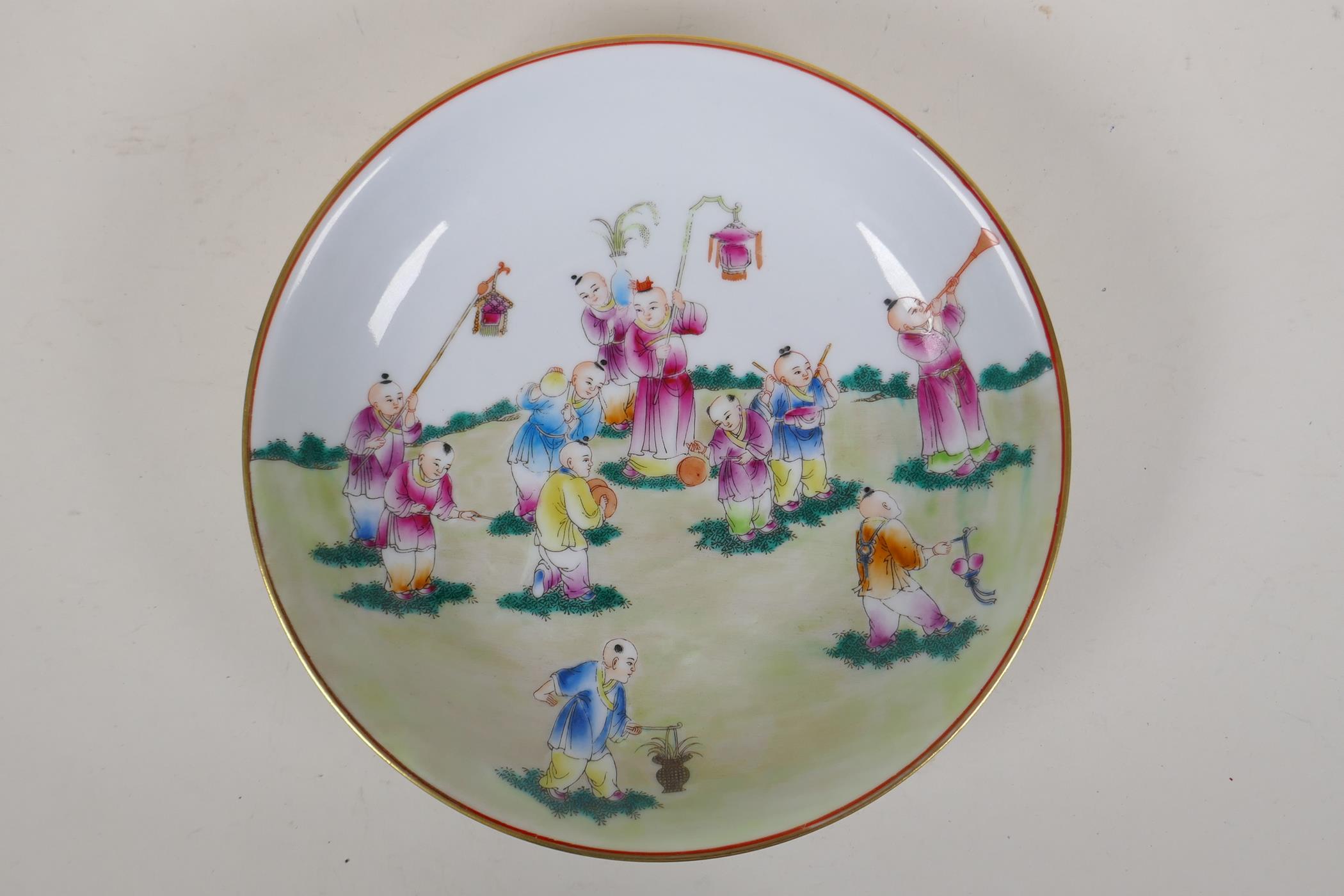 A famille rose porcelain cabinet dish decorated with children playing Chinese Yongzheng seal mark to