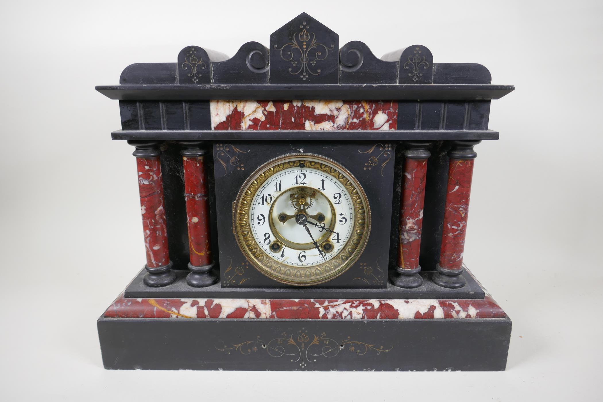 A French slate and marble mantel clock in architectural four pillar case, with Brocot escapement and