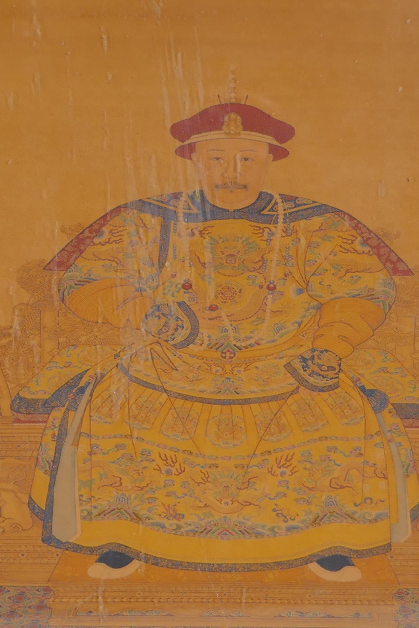 A pair of Chinese framed watercolour prints of emperors, with silk mounts, 11" x 14" - Image 3 of 3