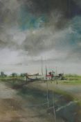 John Scarland, beached fishing boat, watercolour and gouache, 7½" x 15"
