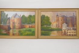 A pair of French chateaux, oils on panel, 12" x 8"