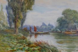 Walter Fowler, barges on a river, dated 1900, period gilt frame, signed watercolour, 12" x 18½"