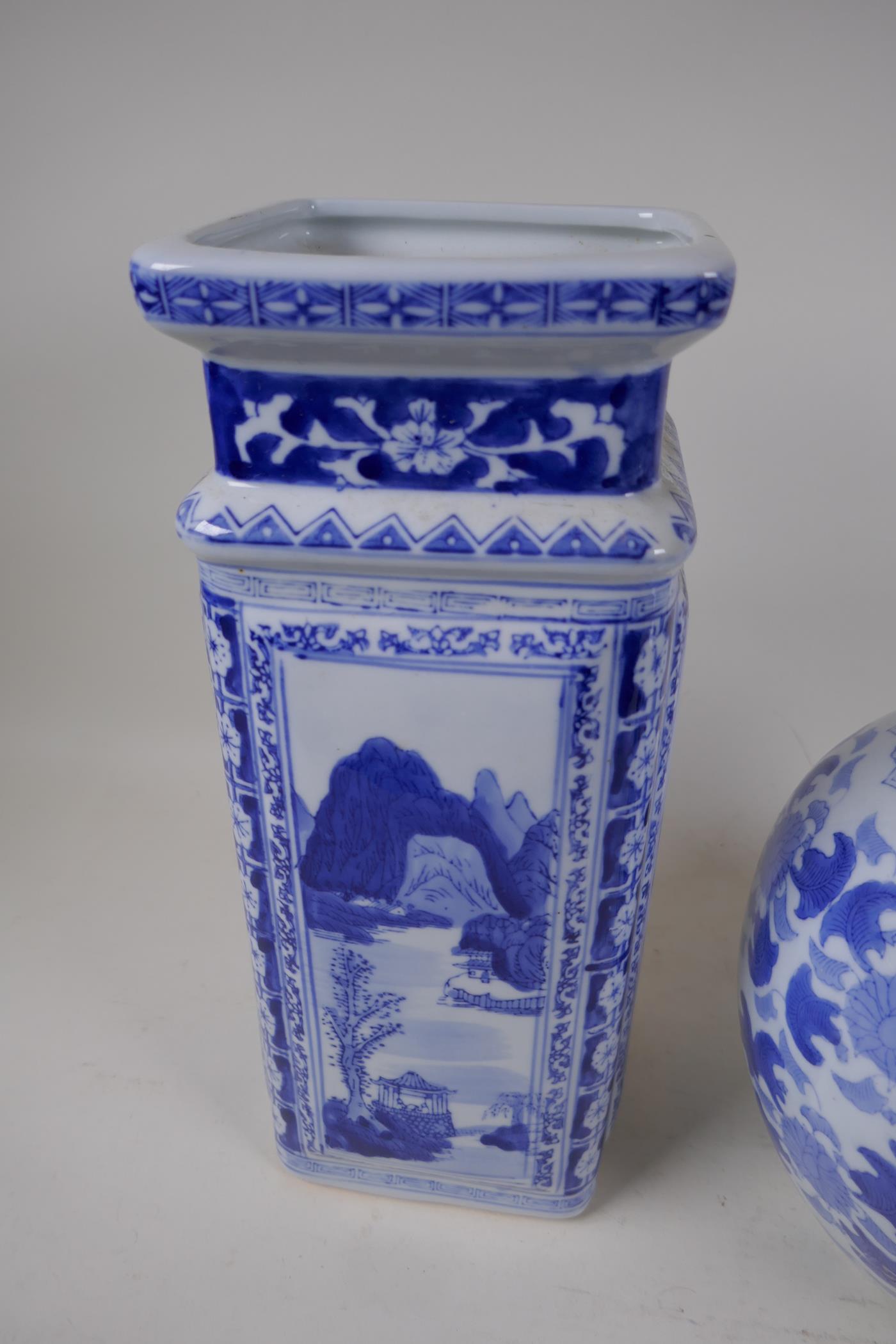 A Chinese blue and white porcelain bulbous ginger jar and a square section vase, 13½" high - Image 3 of 3