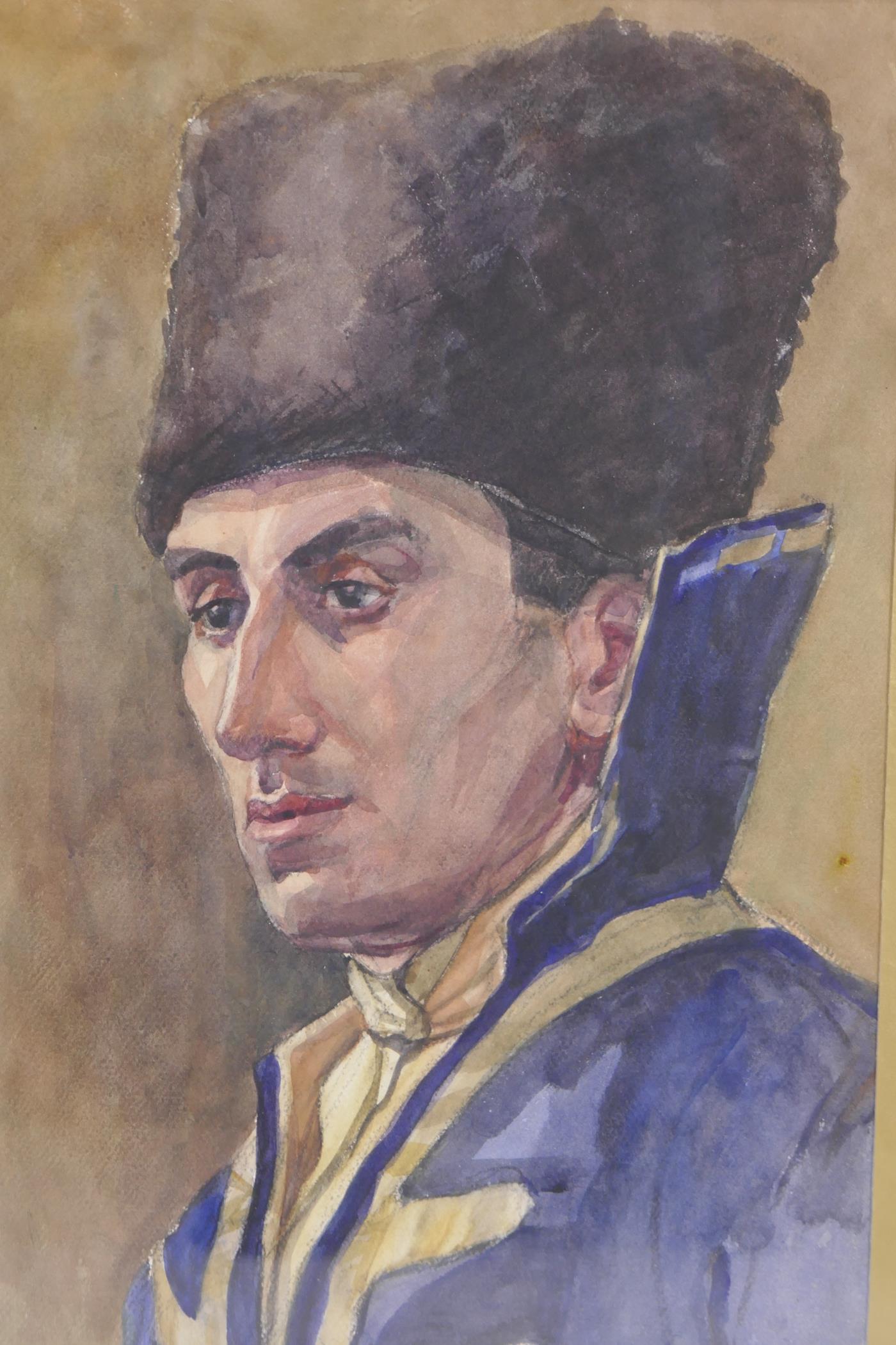 Four mid century watercolour portraits of east European men and women, largest 11½" x 18" - Image 3 of 6