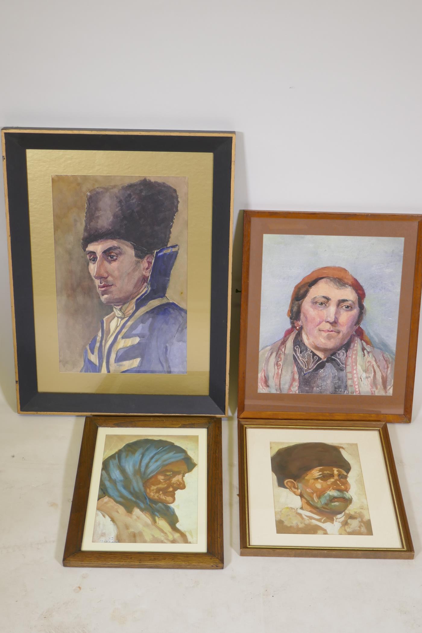 Four mid century watercolour portraits of east European men and women, largest 11½" x 18"