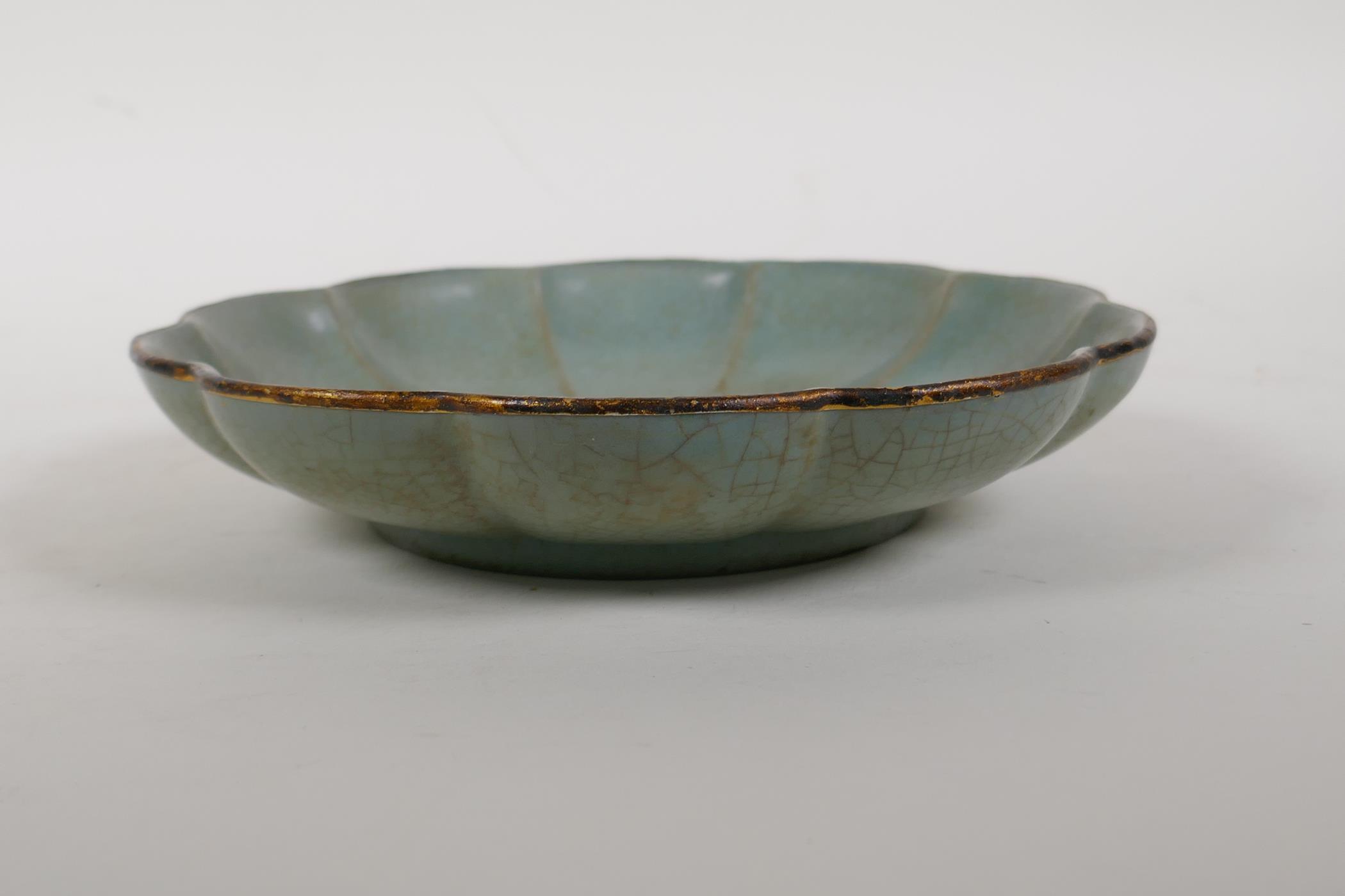A Chinese Ru ware style petal shaped porcelain dish with engraved and gilt character inscription, - Image 3 of 4