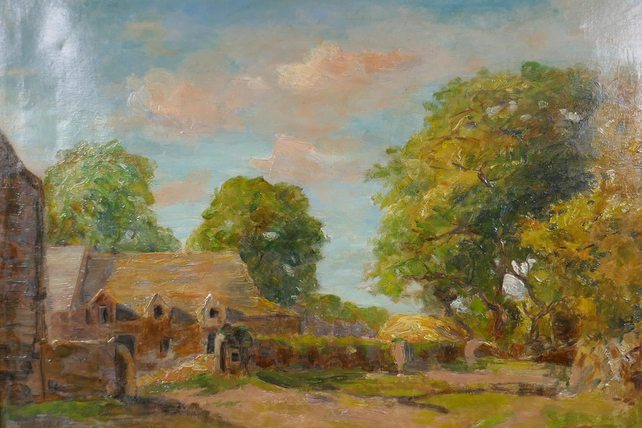 Robert Fowler, landscape with farmyard, signed oil on canvas, 16" x 22"