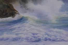 Josephine Hudson, seagulls above a cresting wave, watercolour, 19" x 12"