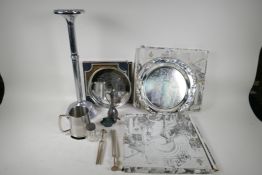 A quantity of silver plate and other metalware, including pedestal ashtray, trays, tuning forks etc