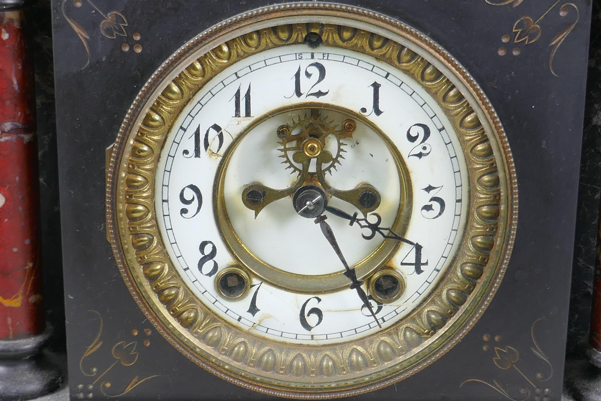 A French slate and marble mantel clock in architectural four pillar case, with Brocot escapement and - Image 2 of 3