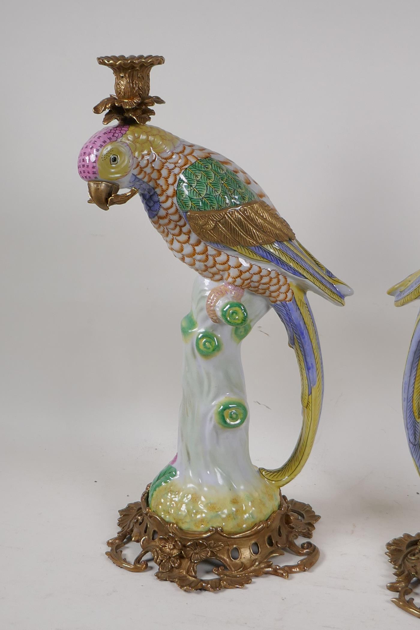 A pair of polychrome porcelain parrot candlesticks with bronze mounts, 16" high - Image 2 of 5