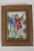 A Persian painting in a micro mosaic frame of a courting couple, 7" x 5½" overall