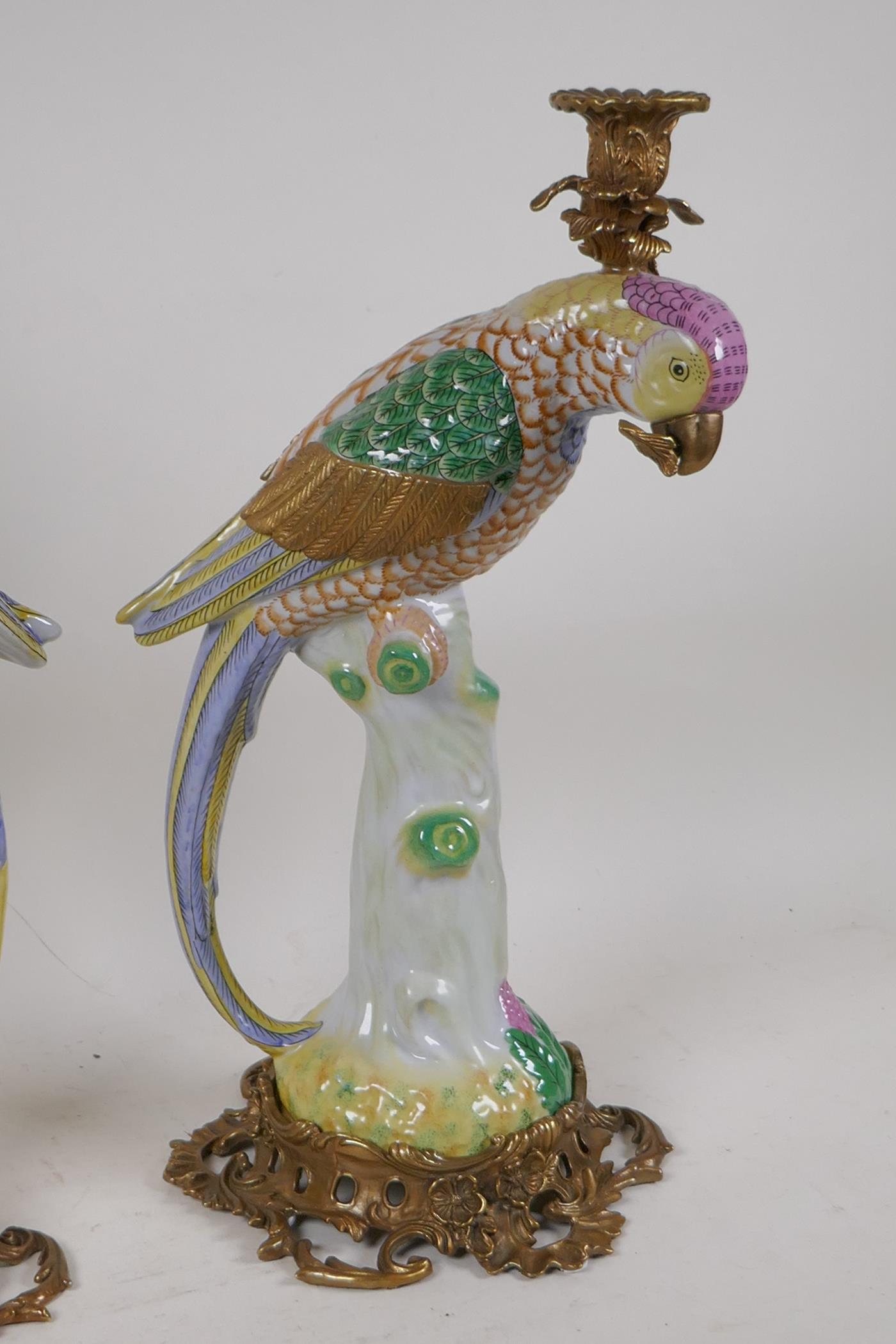 A pair of polychrome porcelain parrot candlesticks with bronze mounts, 16" high - Image 3 of 5