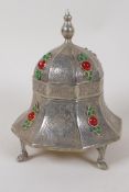 An oriental silver plated octagonal pagoda shaped box and cover set with semi precious stones, 7"