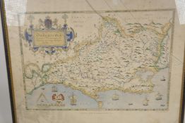 A framed copy of Saxton's map of C16th Dorsetshire, 24" x 19½"