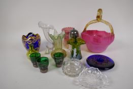 A quantity of small decorative glass items including Mary Gregory satin glass etc