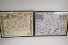 A framed map of C17th Surrey with gazetteer  to the reverse, 21" x 15½", and another map of Surrey