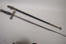 A masonic sword and scabbard inscribed Columbus Ohio, 36" long