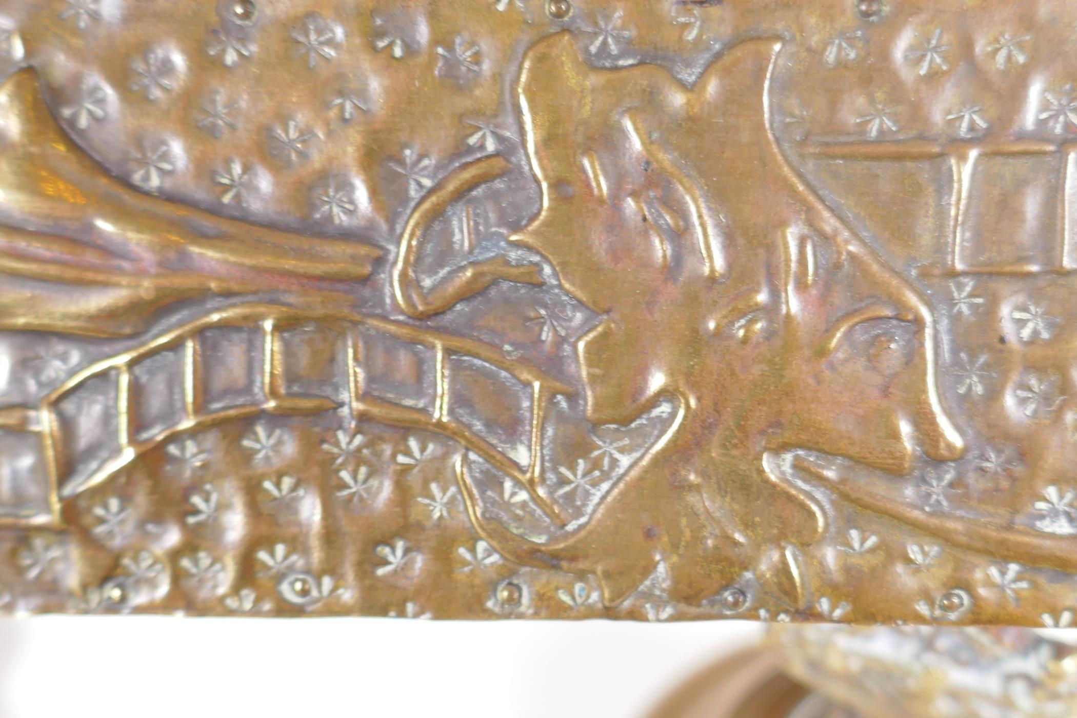 A brass bound wooden table top box embossed with a phoenix and devils masks, 10" x 6½"x 2", a pair - Image 4 of 4