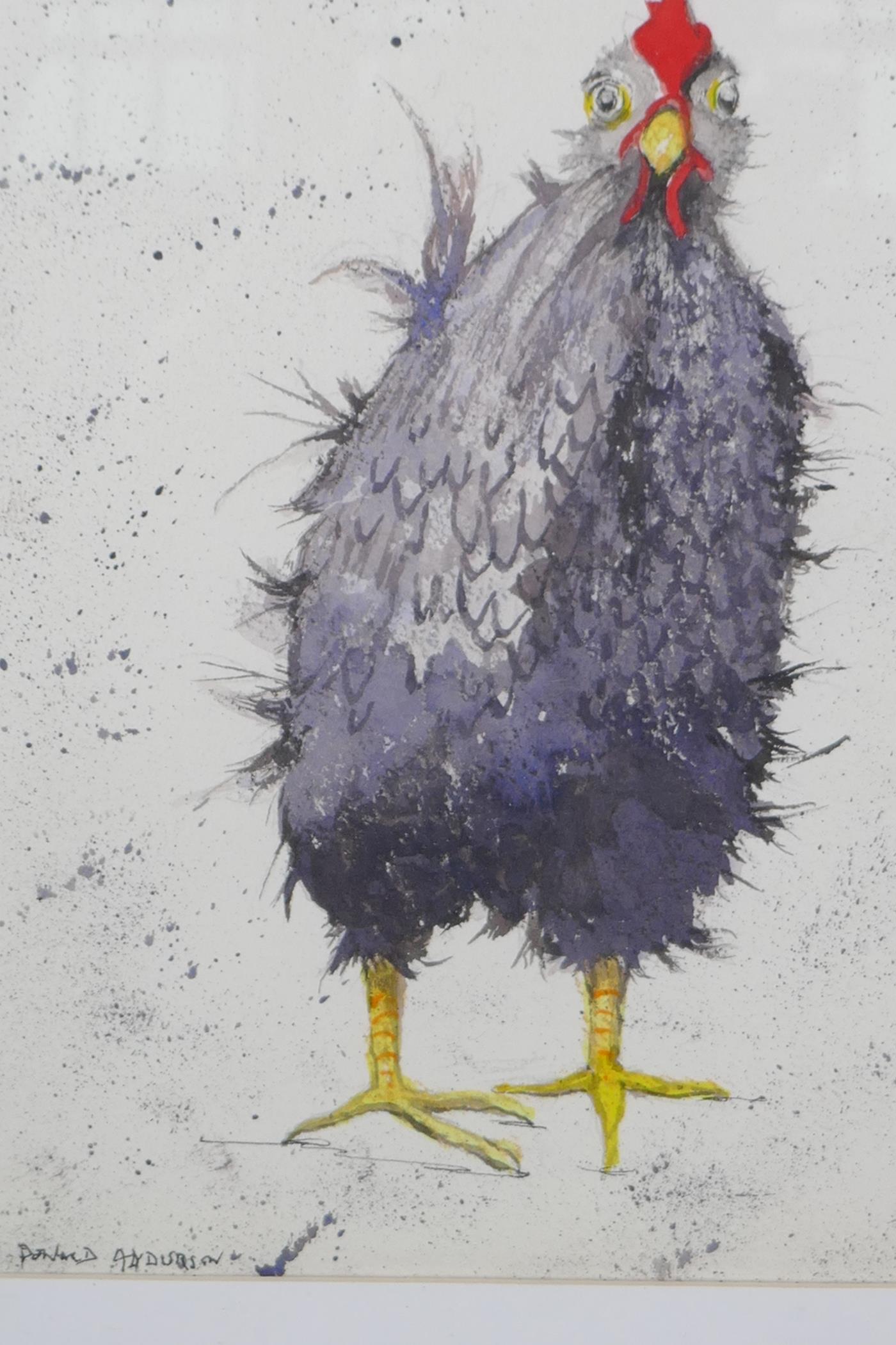 Donald Anderson, humorous watercolour of a chicken, 8" x 9½", a watercolour of Leverets and - Image 2 of 5
