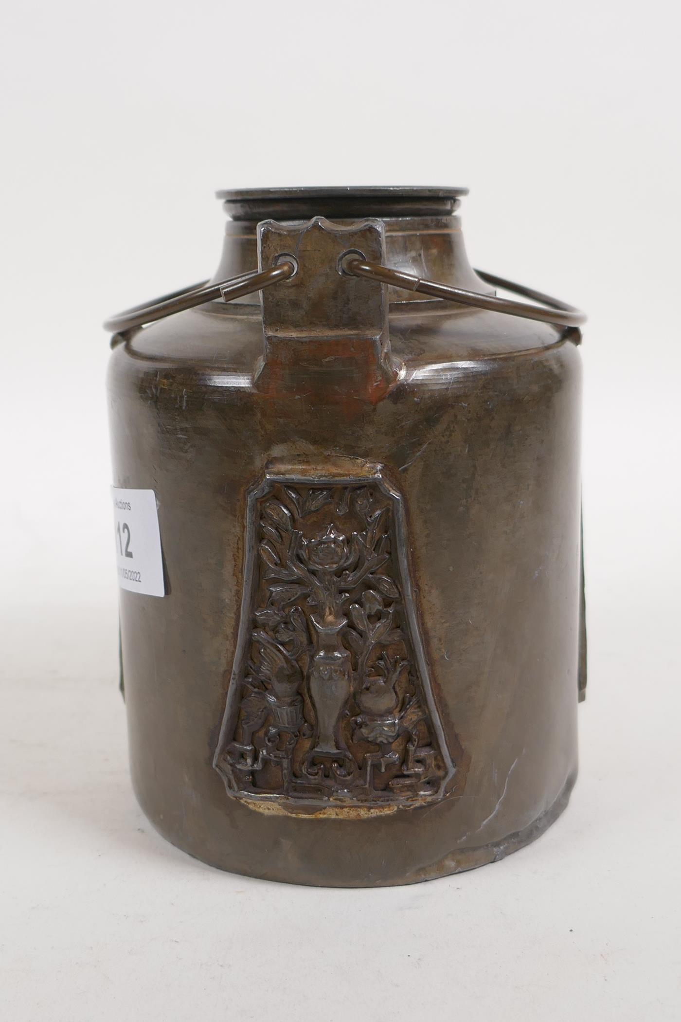 An antique Chinese pewter tea pot with applied decorative panels in relief and removable infuser/ - Image 3 of 6