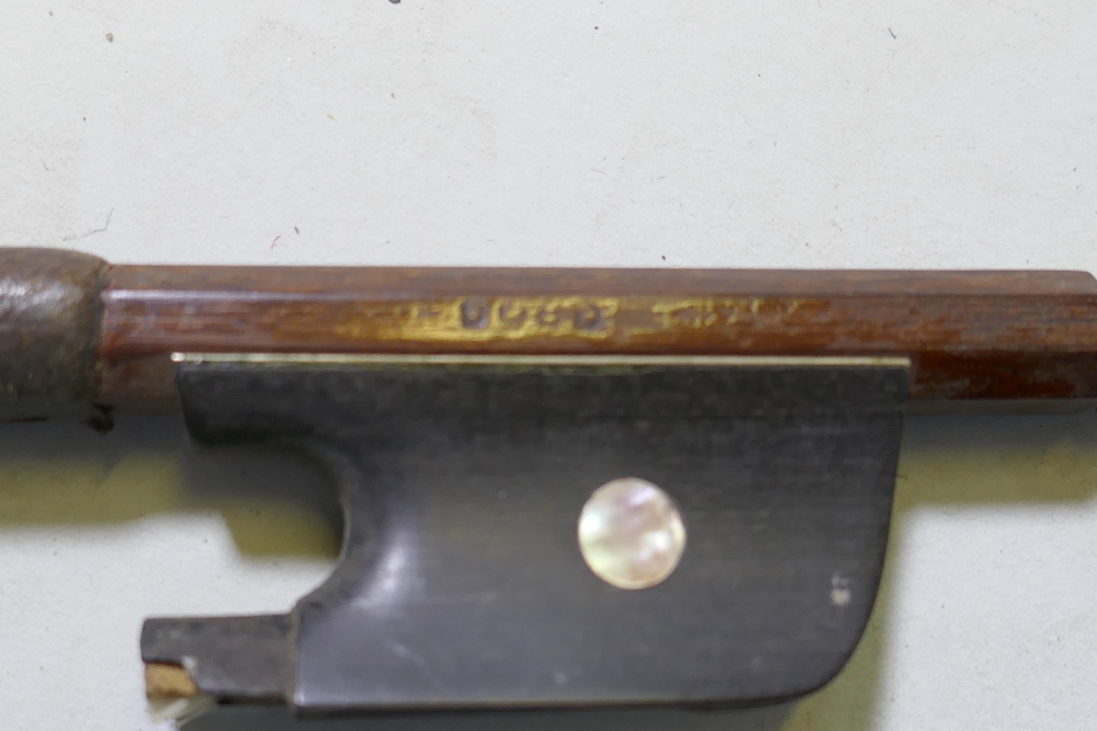 An antique violin in wood case, AF, and a bow, marked Dodd - Image 9 of 11