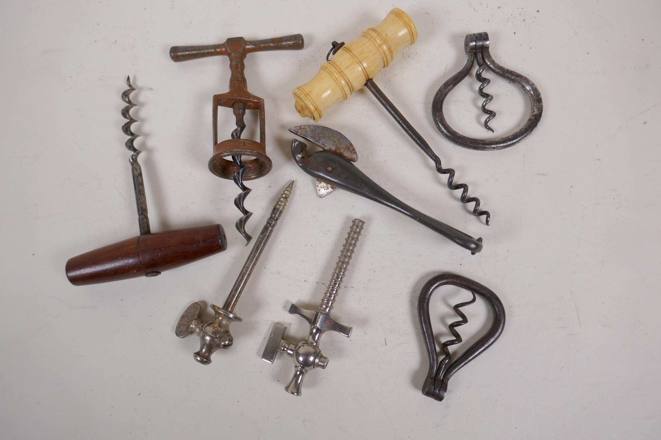 A collection of five antique corkscrews, two champagne taps and a can opener