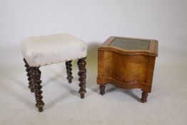 A C19th walnut bow front commode, and a Victorian stool on barley twist legs, 19" high