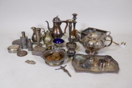 A quantity of silver plated ware and hallmarked silver back hand mirror, two silver scent bottle