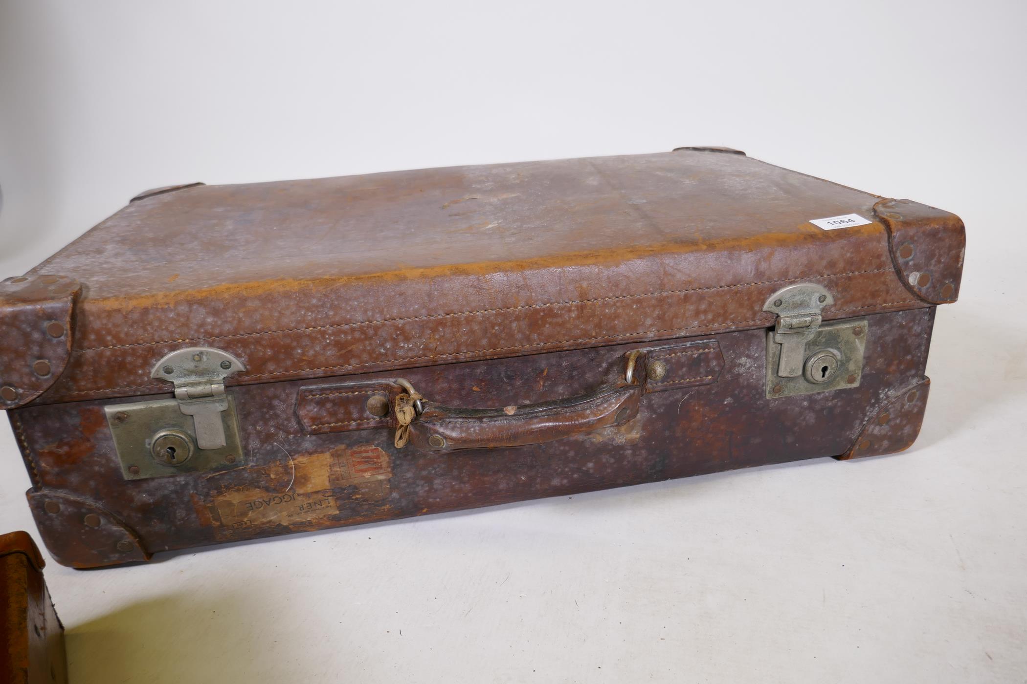 A vintage leather suitcase by R.W. Forsyth, a smaller leather case and an attache case, 26" x 16" - Image 8 of 9