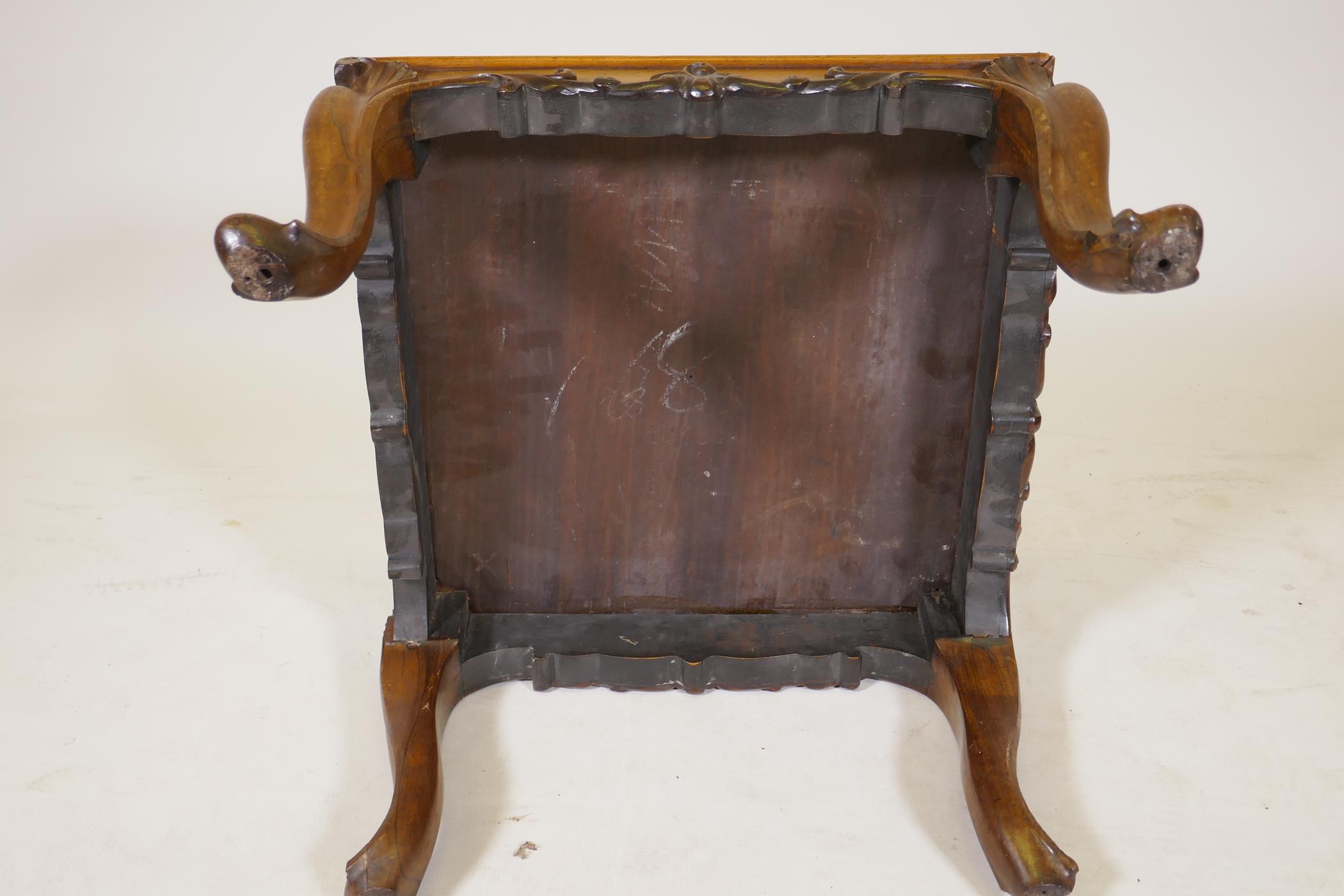 A C19th rosewood stool with carved decoration frieze, raised on cabriole supports, AF adapted with - Image 4 of 4