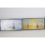 Paul Beacham, a pair of marine scenes with tall ships, oils on canvas, signed, 20" x 10"