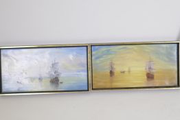 Paul Beacham, a pair of marine scenes with tall ships, oils on canvas, signed, 20" x 10"