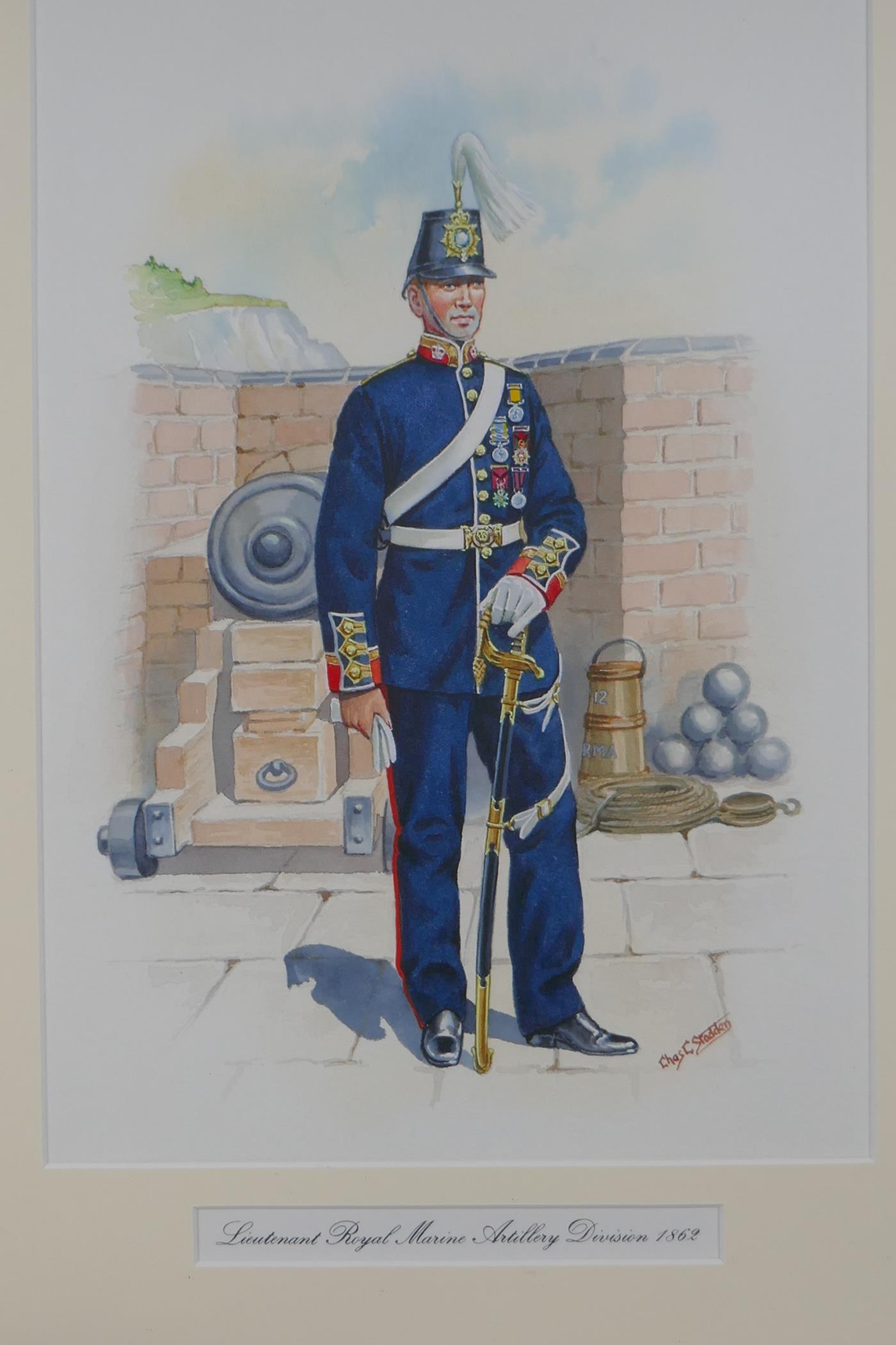 Chas C. Stadden, four full length portraits of marines in dress uniform, watercolours, and a print - Image 3 of 7