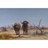 Flanagan, two African water buffalo in an arid landscape, oil on board, 29½" x 19½"