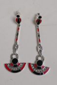 A pair of Art Deco style 925 silver and marcasite drop earrings with red and black enamel panels,