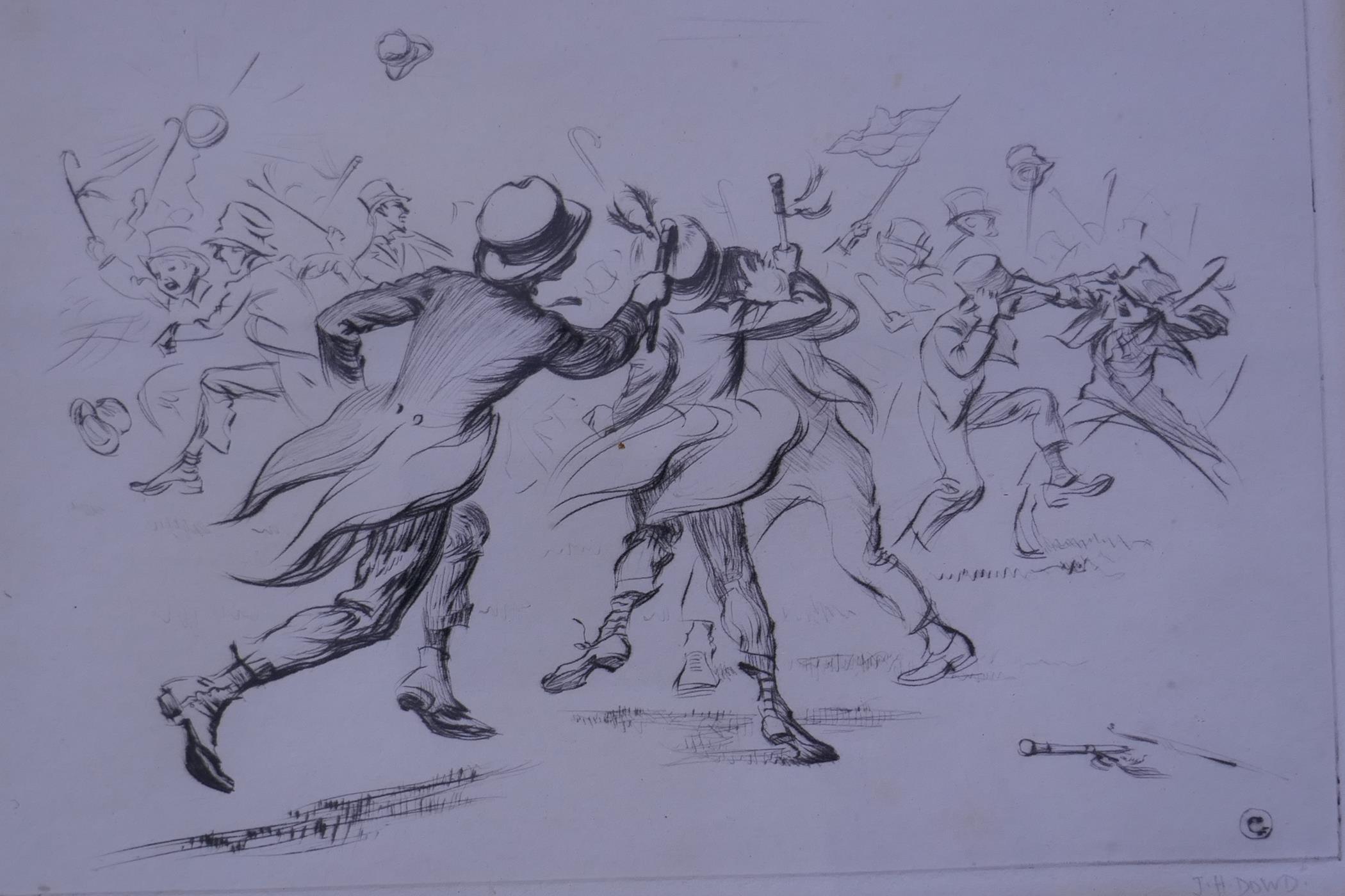 James Henry Dowd, six drypoint etchings, 'Good Old Days', 'All on the Game', 'Well Caught', 'The - Image 5 of 9