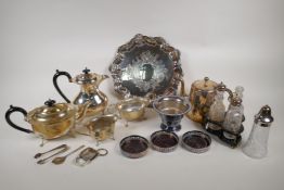 A quantity of silver plate to include a four piece tea and coffee set, three Mappin & Webb coasters,