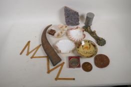 A quantity of curios including three bronze plaques, an amethyst geode, studio pottery dish etc