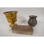 A heavy antique bronze pedestal mortar, 5" high, a Bidri vase and antimony trinket box embossed with