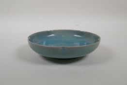 A Chinese Ru ware style porcelain dish with a shaped rim, 6" diameter