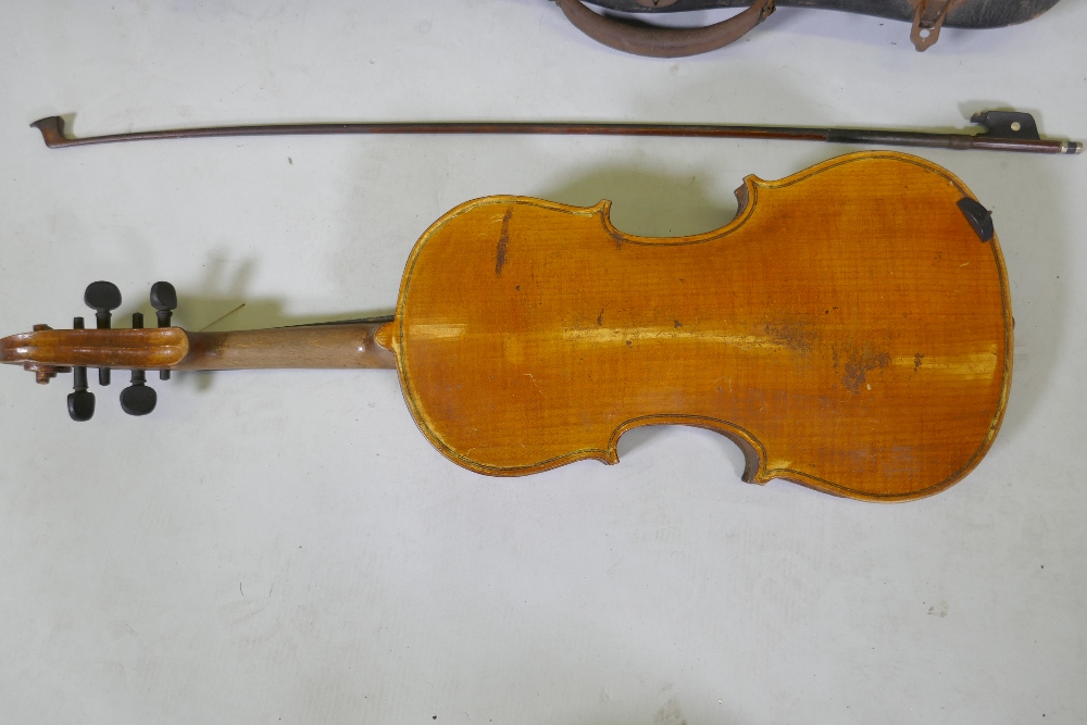An antique violin in wood case, AF, and a bow, marked Dodd - Image 3 of 11
