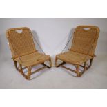 A pair of mid century Malaysian bamboo and rattan folding low beach chairs, 18" x 20, 12" high