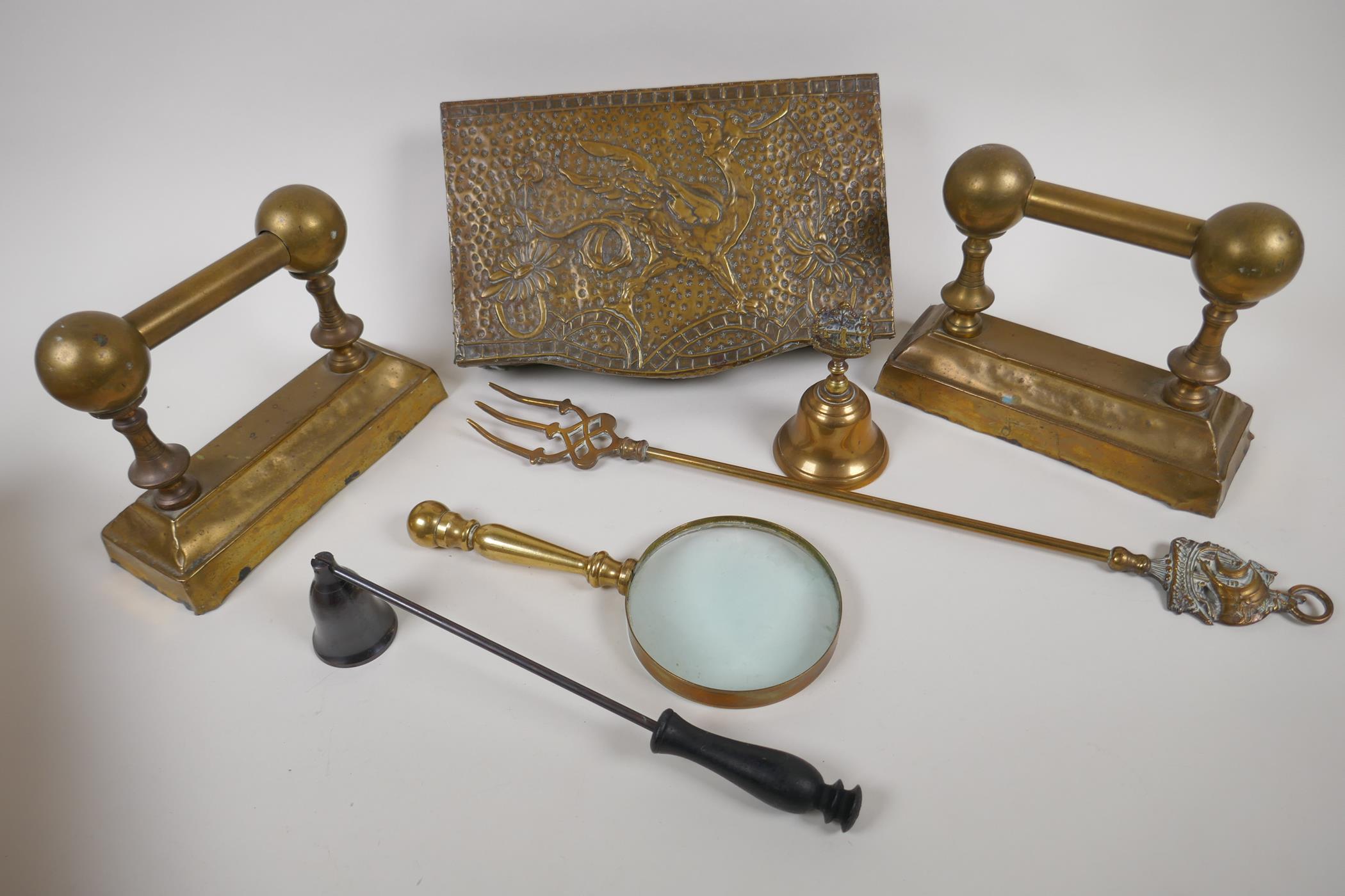 A brass bound wooden table top box embossed with a phoenix and devils masks, 10" x 6½"x 2", a pair